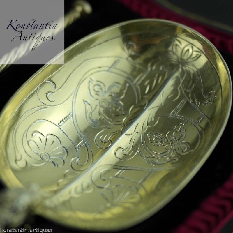 Antike Salblöffel aus vergoldetem Sterlingsilber aus dem Jahr 1905, verpackt in einer Londoner James Wakely & Frank Clarke Wheeler Box