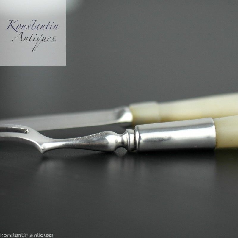 Antikes Set aus 1900er Sterlingsilber mit Perlmutt-MOP-Griffen für Gabel und Messer