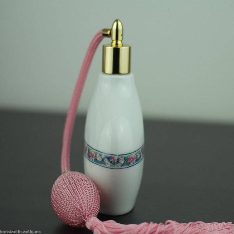 Vintage-Porzellan-Parfümzerstäuber mit vergoldeten Beschlägen, rosa Kordel HEAVEN