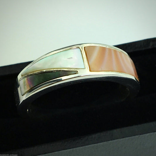 Vintage-Ring aus Sterlingsilber mit rosa-weißer Abalone-Einlage 