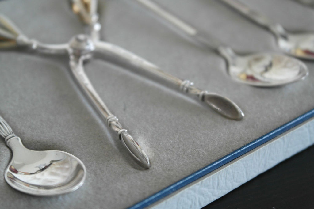 Vintage sterling silver set six spoons plus tongs Denmark W&S Sorensen in box