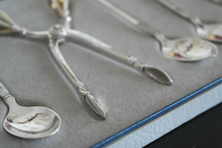 Vintage sterling silver set six spoons plus tongs Denmark W&S Sorensen in box