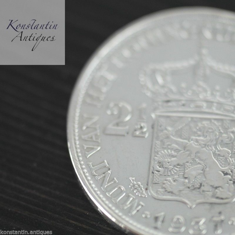 Vintage 1937 silver coin 2.5 Gulden Queen Wilhelmina of the Netherlands 20thC