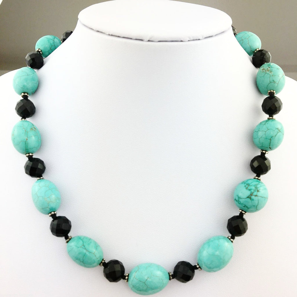 Vintage Lucas Lameth Turquoise and Onyx, sterling silver beads & clasp necklace