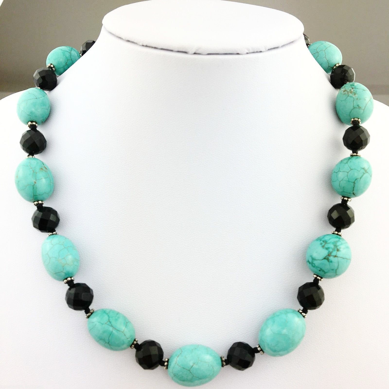 Vintage Lucas Lameth Turquoise and Onyx, sterling silver beads & clasp necklace