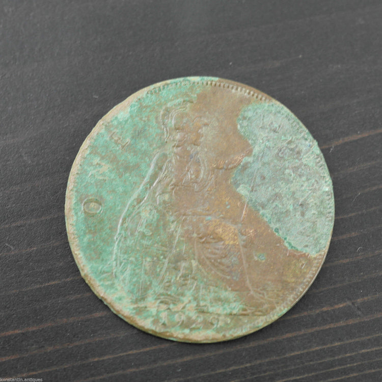 Vintage 1929 coin One penny George V of British Empire Bronze with patina