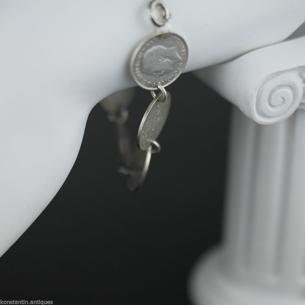 Antigua cadena de pulsera de monedas de plata de 1908 - 1937 Rey Jorge V del Imperio Británico 