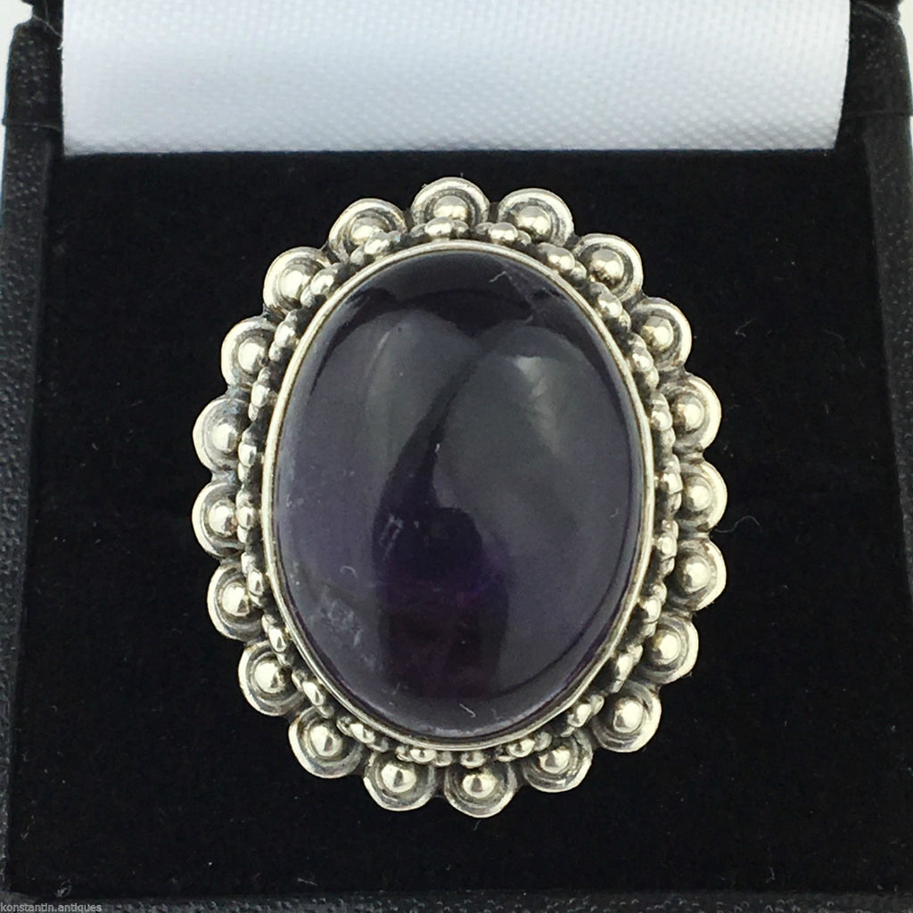 Classic solid silver ring with huge cabochon purple amethyst gemstone