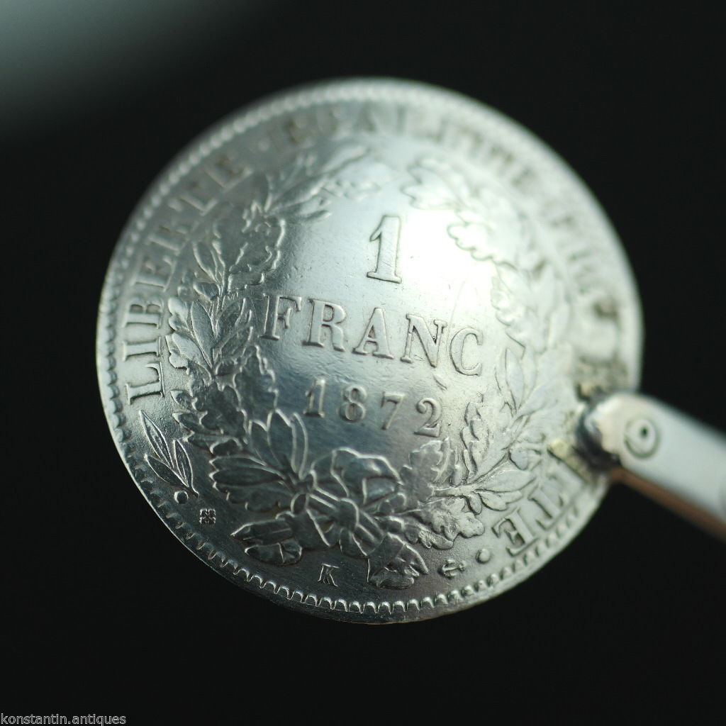 Cuchara de moneda de plata maciza antigua de 1872 Francia Republique Liberte 1 Franc