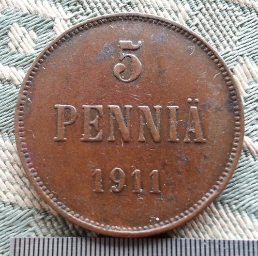 Antike 1911 Münze 5 Kopeken Pennia Kaiser Nikolaus II. des Russischen Reiches Finnland