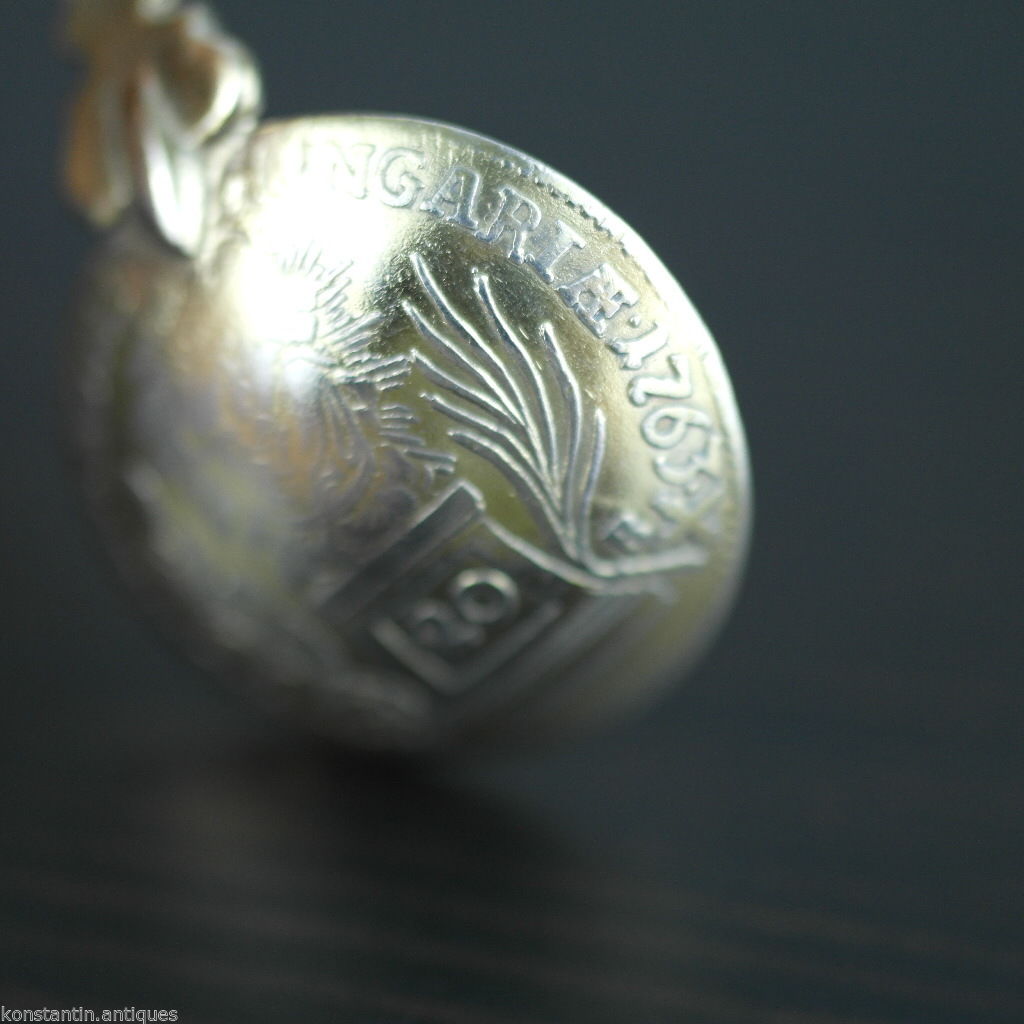 Antiker 20-Kreuzer-Münzlöffel aus vergoldetem Silber von 1763, Theresia, Österreichisches Kaiserreich, 800