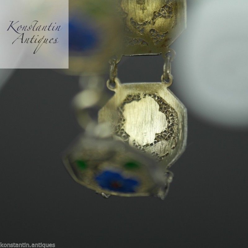 Vintage Portugal Enamel flowers gold plated solid silver bracelet