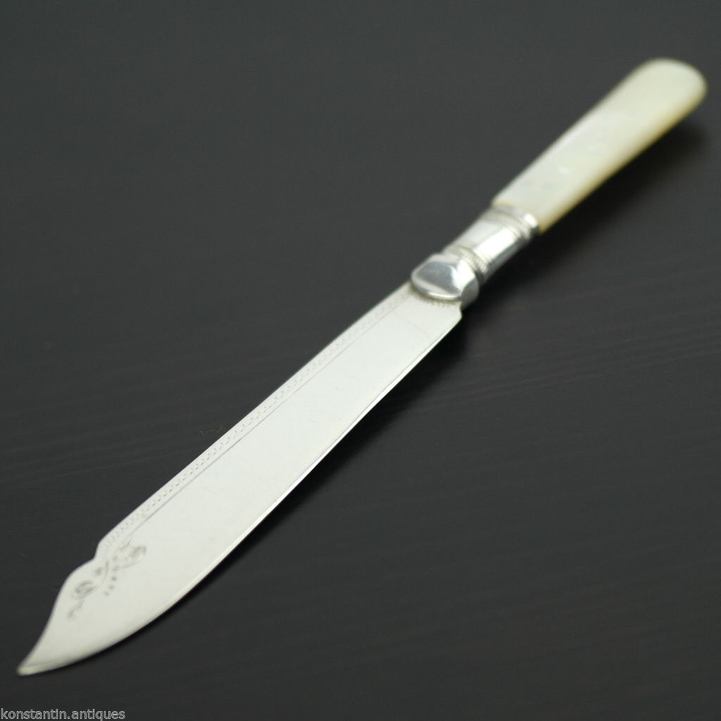 Antiguo plato de plata cuchillo de cuento madreperla mango de nácar EPNS británico