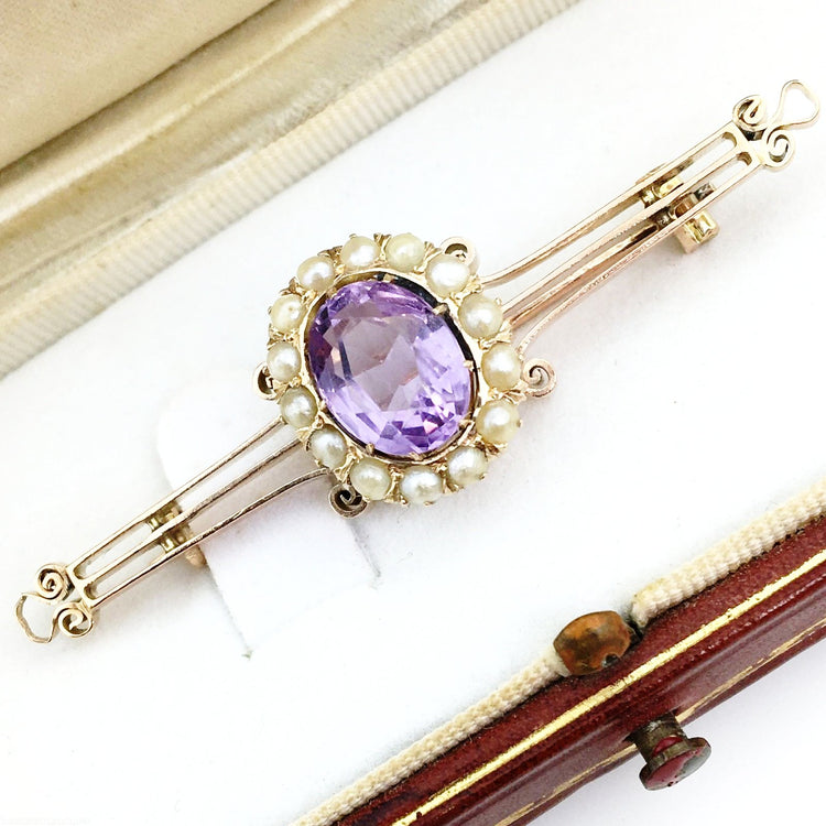 Antique Russian Empire 56 gold brooch with Amethyst and seed pearls cluster
