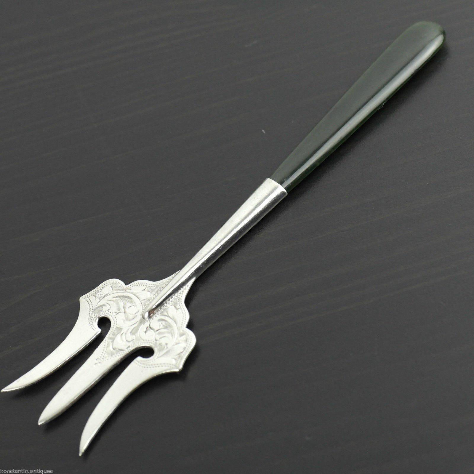 Antique 1912 sterling silver fork and green Jade Nephrite handle Birmingham