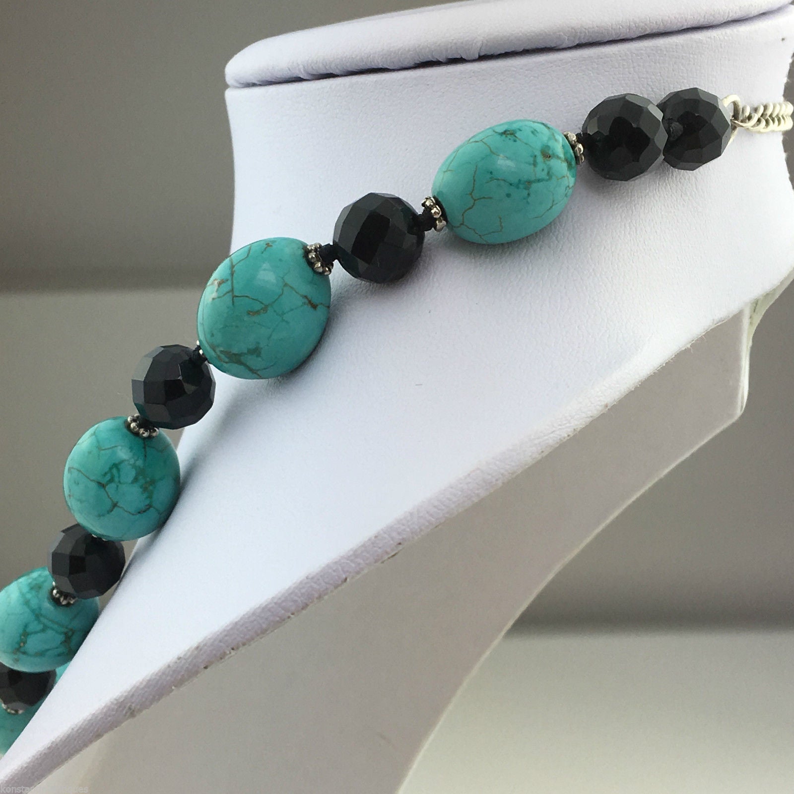 Vintage Lucas Lameth Turquoise and Onyx, sterling silver beads & clasp necklace