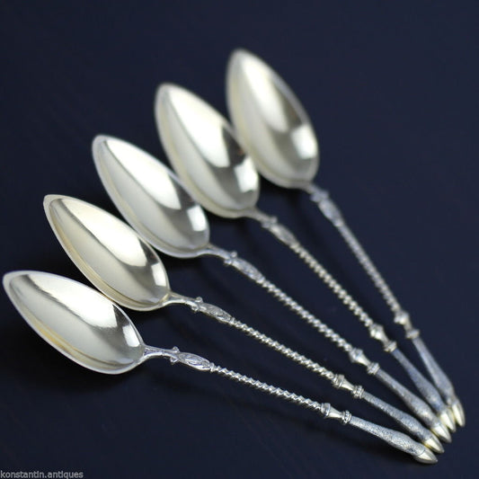 Antique Italian sterling silver spoons set 5 five gilt deer legs handles Italian