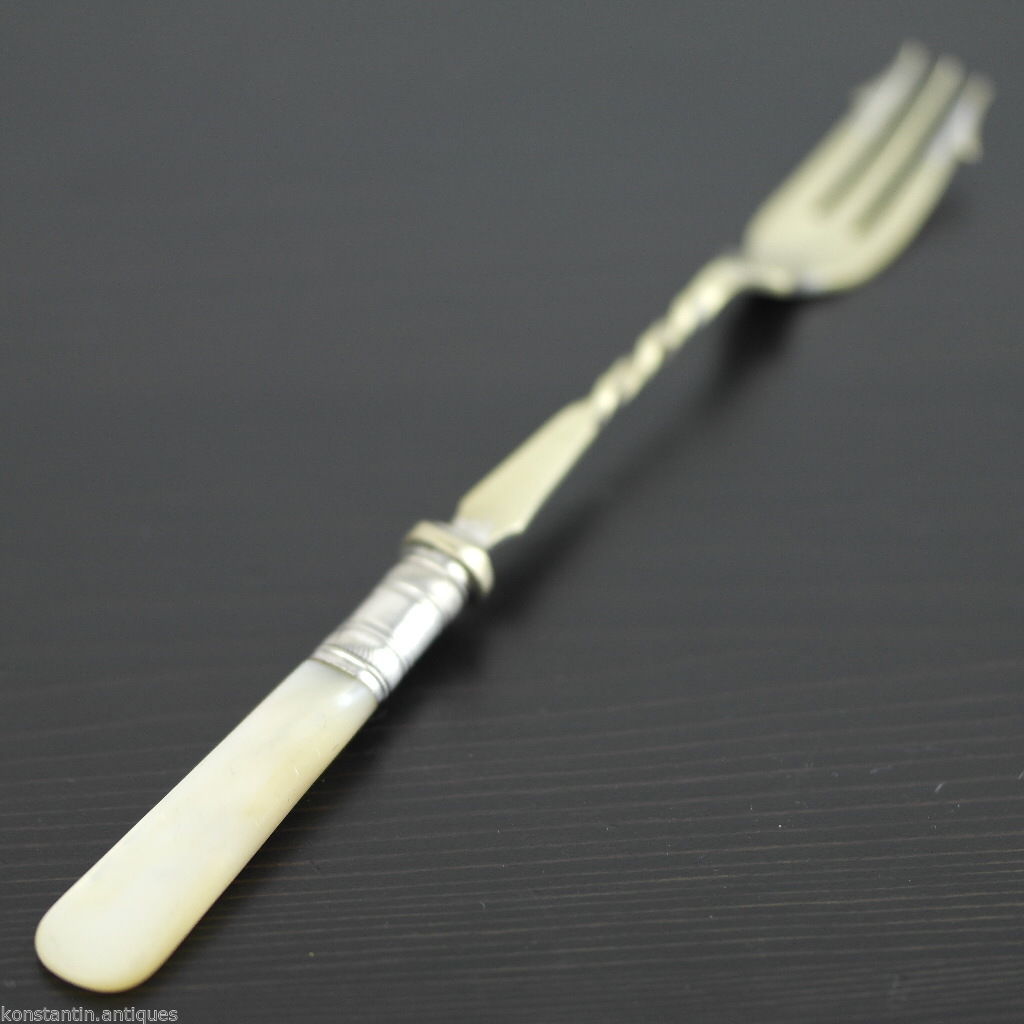 Antique table fork with mother of pearl handle Sheffield silver plate Diablo