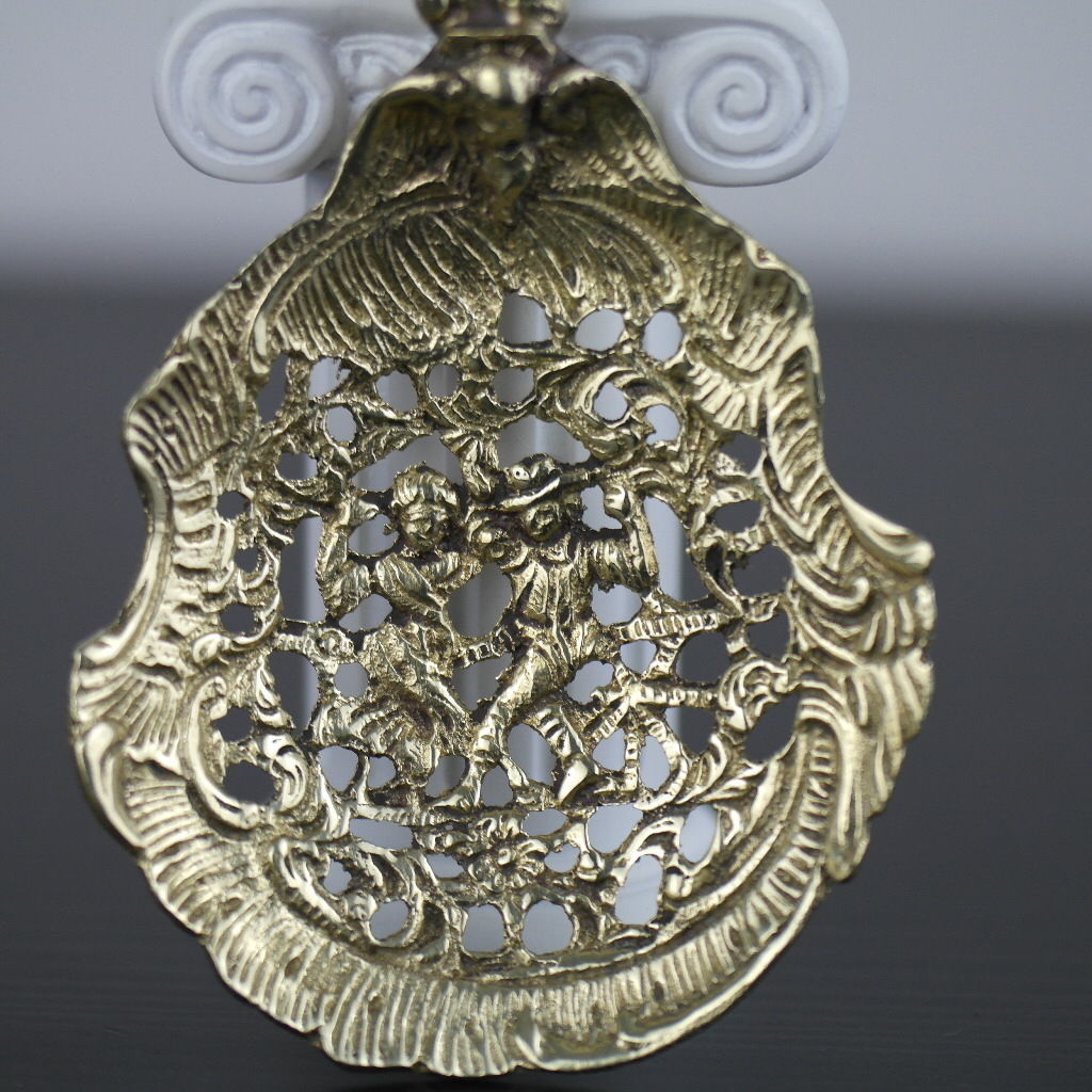 Antique solid brass ornamented strainer French Royal flower dancing couple eagle