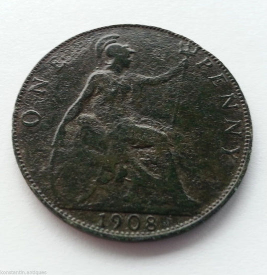 Antike 1-Penny-Münze von Edward VII. aus dem Jahr 1908 mit Patina des britischen Empire