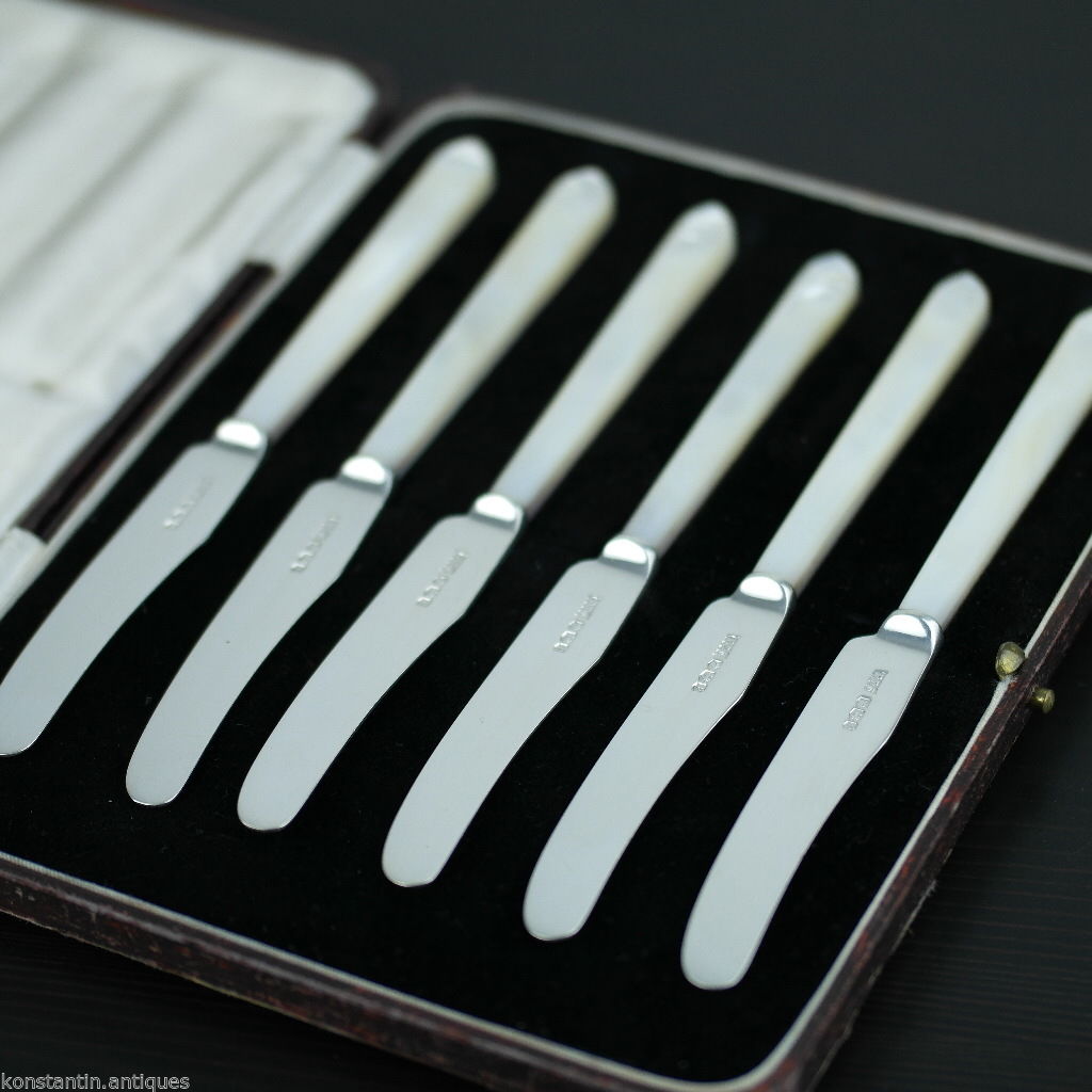 Antikes Set aus sechs Sheffield-Messern aus massivem Silber von 1932 mit Perlmuttgriffen