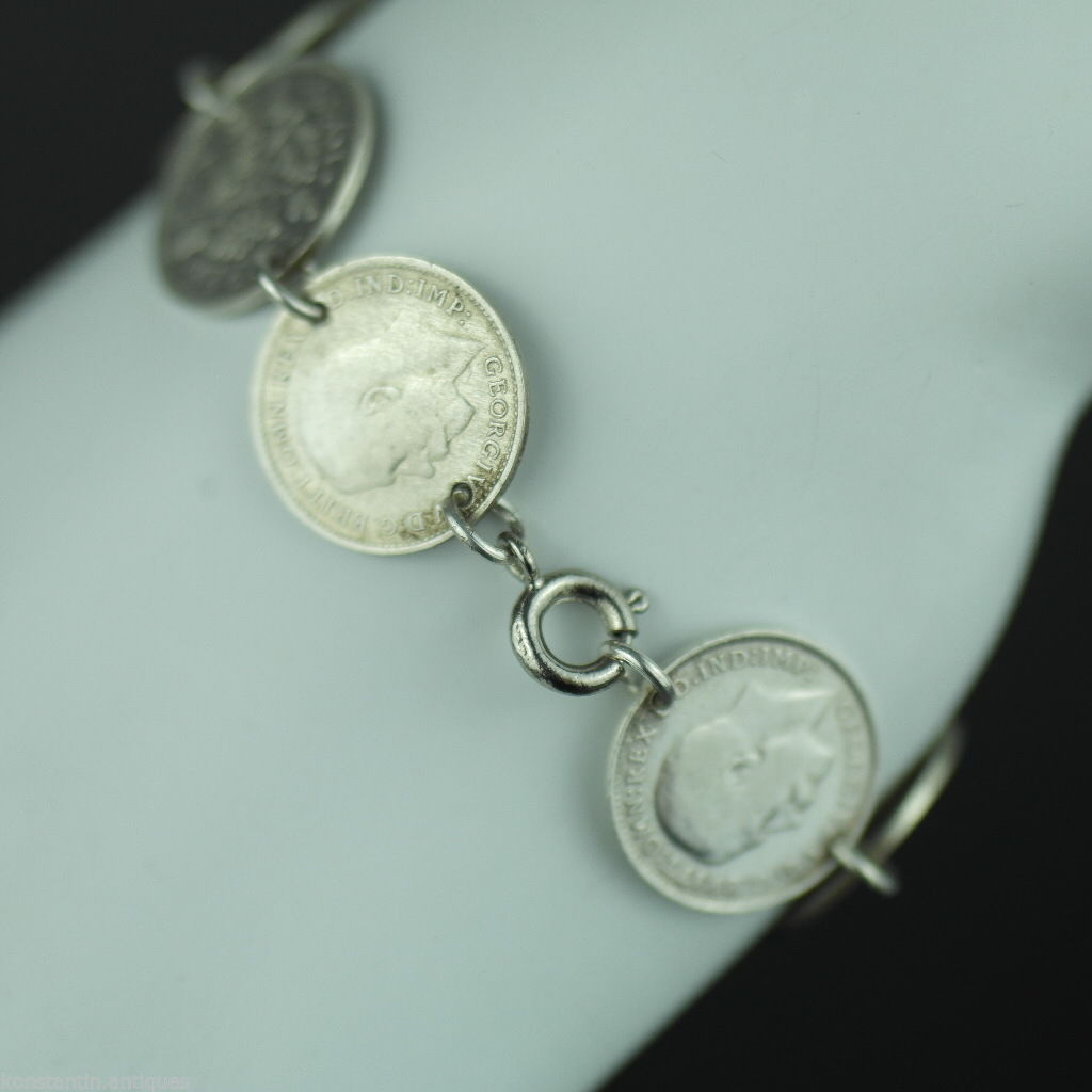 Antigua cadena de pulsera de monedas de plata de 1908 - 1937 Rey Jorge V del Imperio Británico 