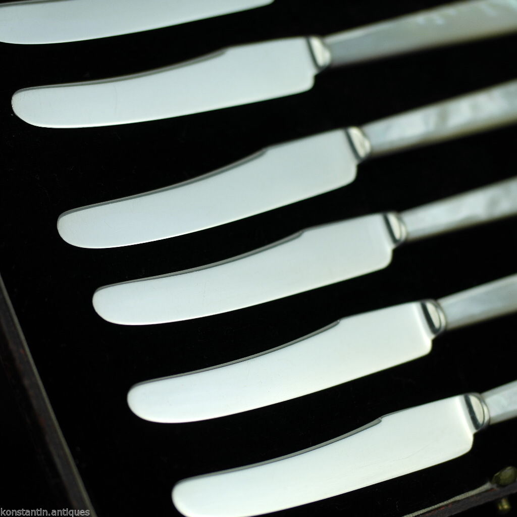 Antique 1932 Sheffield solid silver set of six knives with Nacre handles