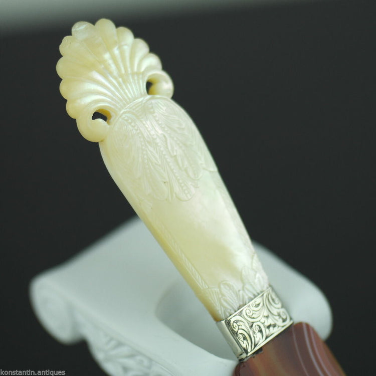 Antique agate and solid silver letter opener page turner with Nacre handle