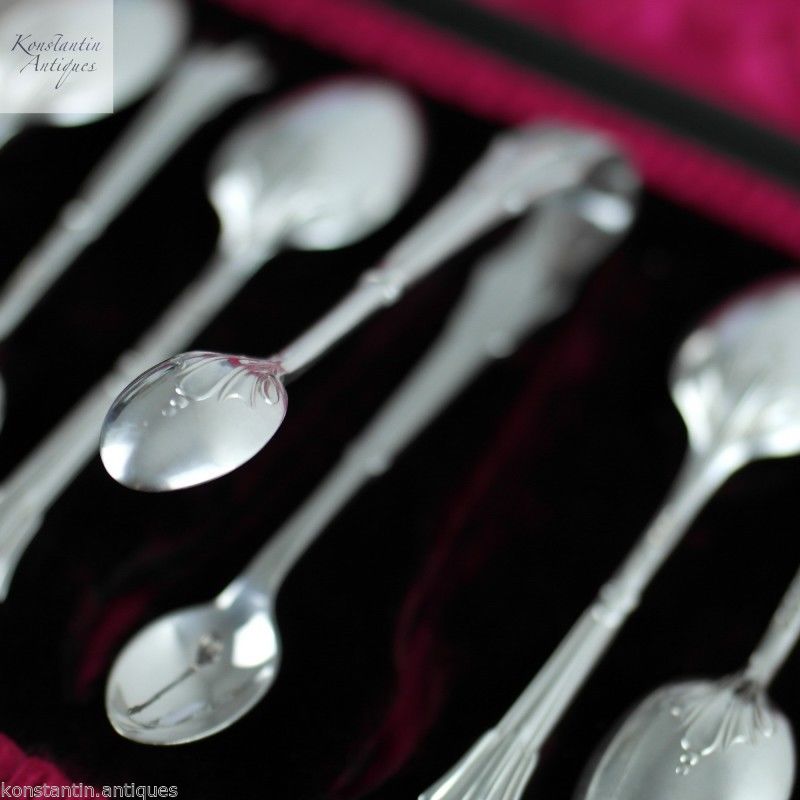 Cucharas de té antiguas de plata de ley de 1905 set 12+ pinzas Sheffield Atkin Brothers