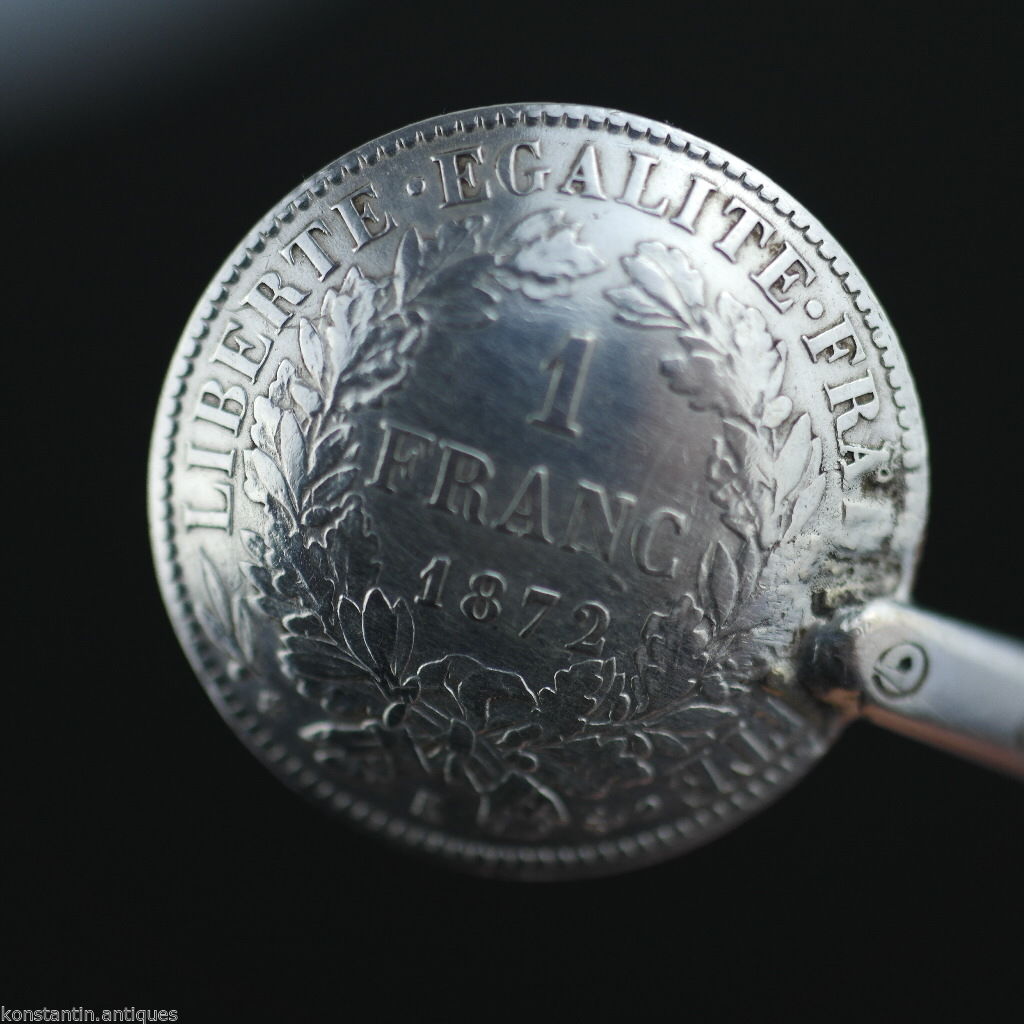 Cuchara de moneda de plata maciza antigua de 1872 Francia Republique Liberte 1 Franc