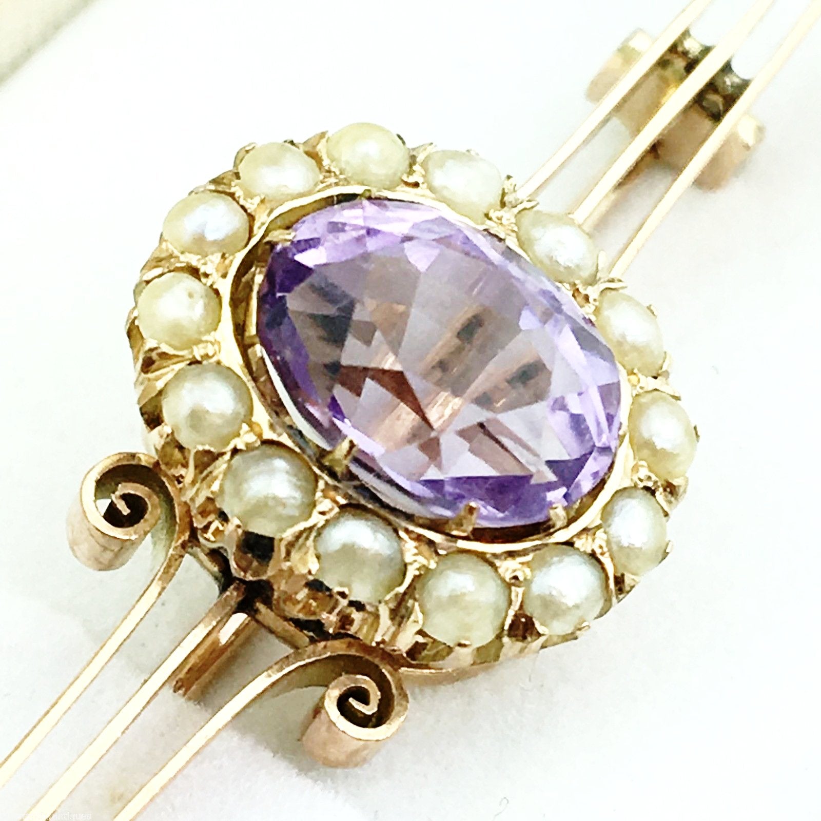 Antique Russian Empire 56 gold brooch with Amethyst and seed pearls cluster