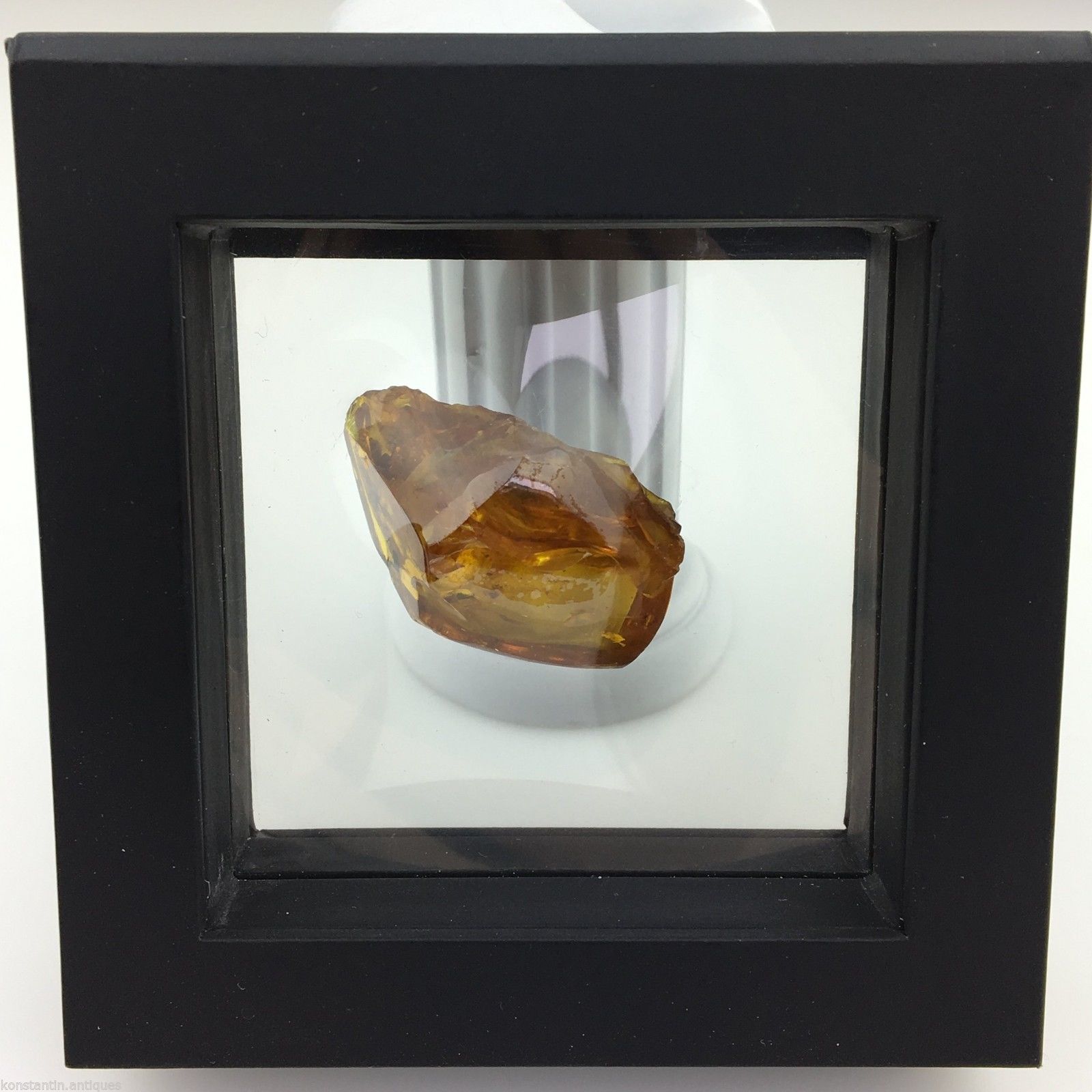 Piedra auténtica de ámbar báltico con inclusión en marco de exhibición. 