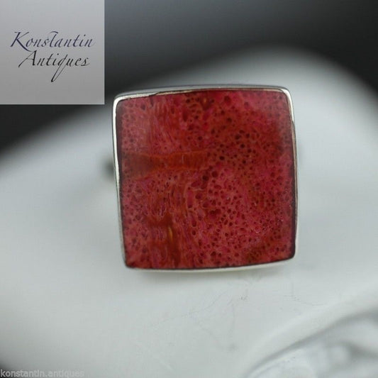 Vintage-Ring aus Sterlingsilber, rote Koralle, quadratisch