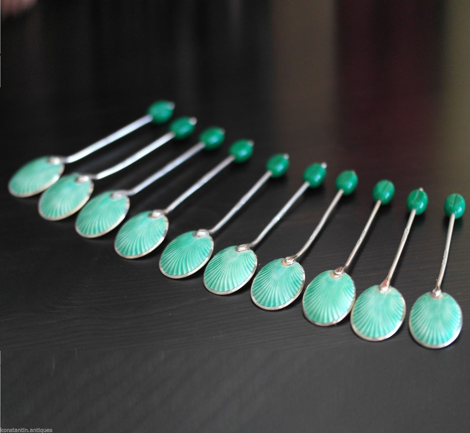 Antique set of ten c. 1913 enamel sterling silver spoons