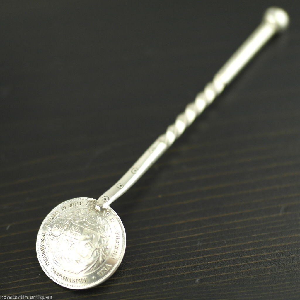Cuchara de moneda de plata maciza antigua de 1880 República Peruana Lima Una Peseta Perú
