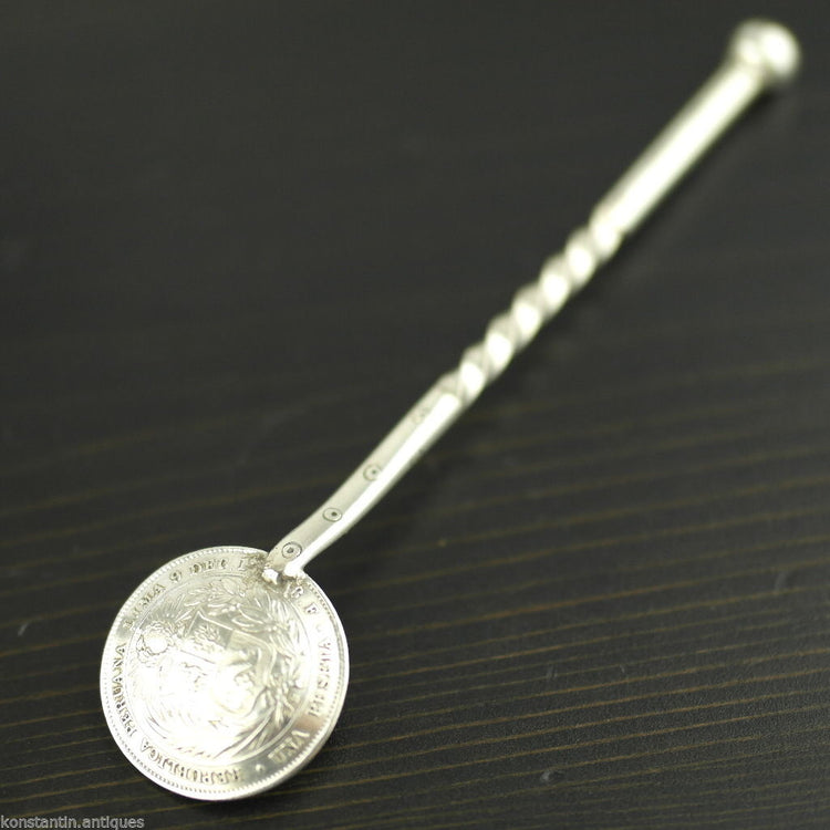 Antique 1880 solid silver coin spoon Republica Peruana Lima Una Peseta Peru