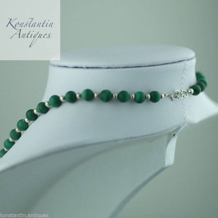Antique malachite and sterling silver beads necklace