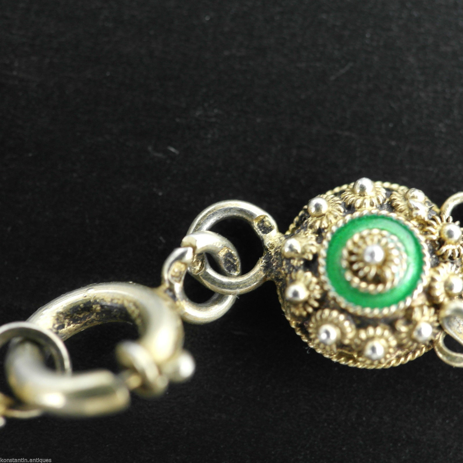 Cadena de pulsera antigua de esmalte guilloché bañada en oro de plata maciza del siglo XX Proto 833 