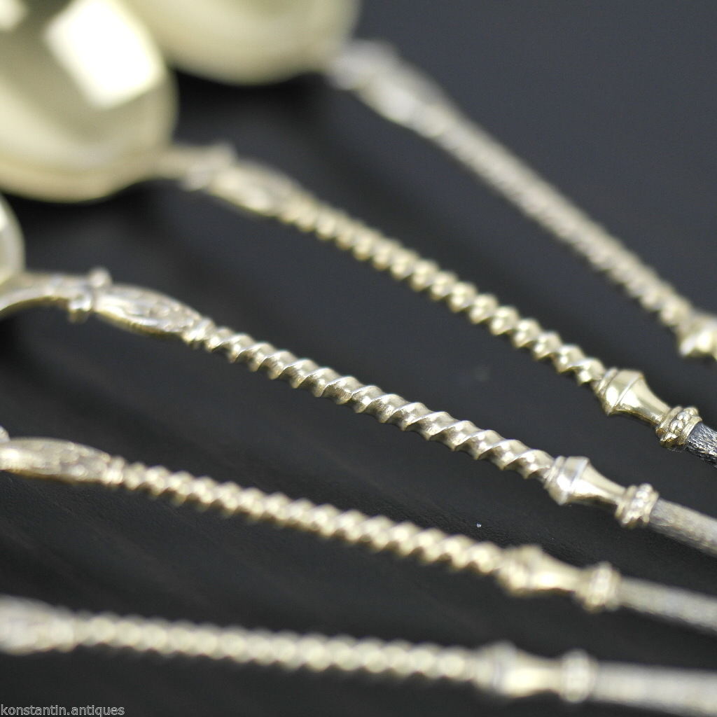 Antikes italienisches Löffelset aus Sterlingsilber mit fünf vergoldeten Hirschbeinen und Griffen aus Italien