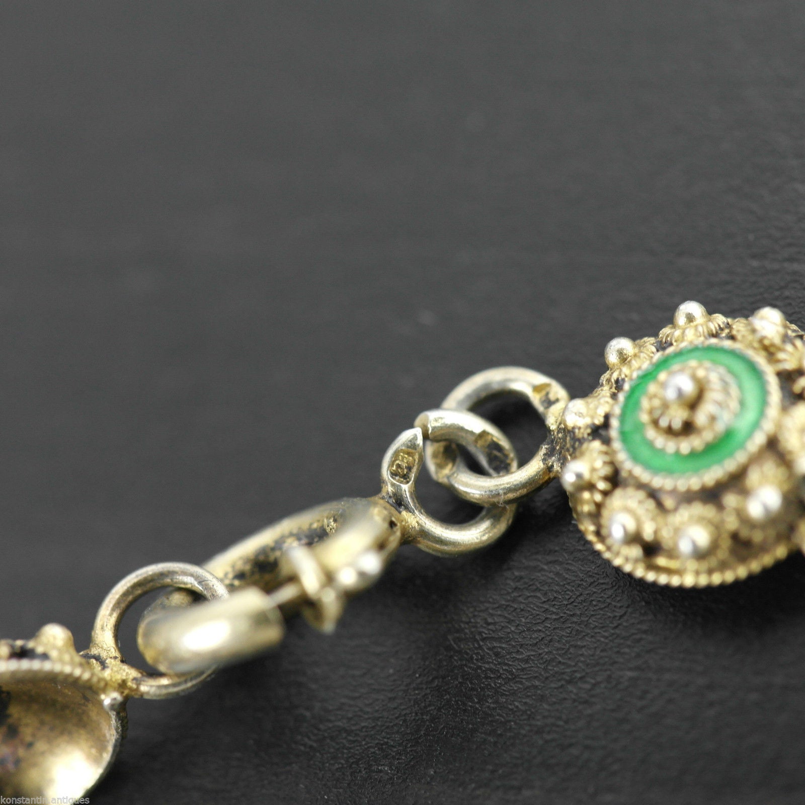 Cadena de pulsera antigua de esmalte guilloché bañada en oro de plata maciza del siglo XX Proto 833 