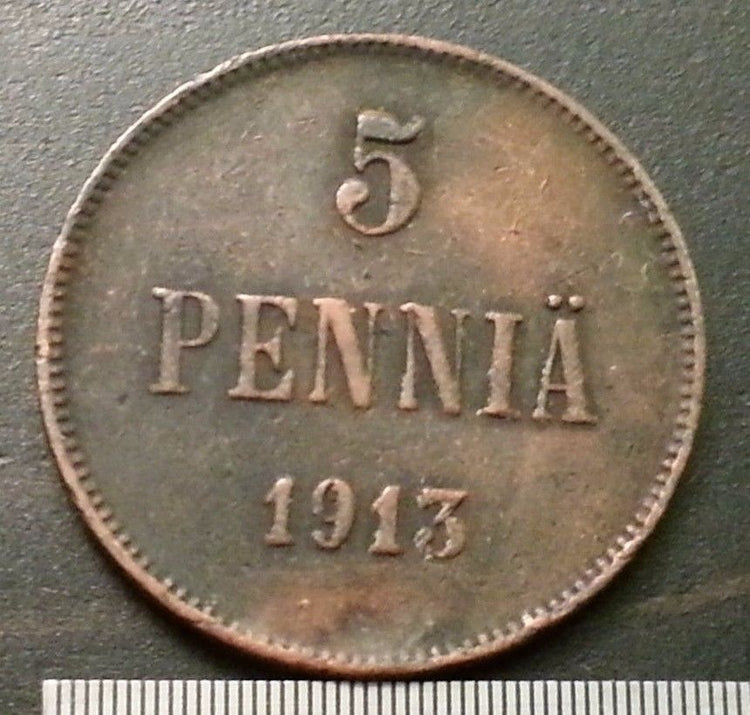 Moneda antigua de 1913 5 pennias Emperador Nicolás II del Imperio Ruso Finlandia