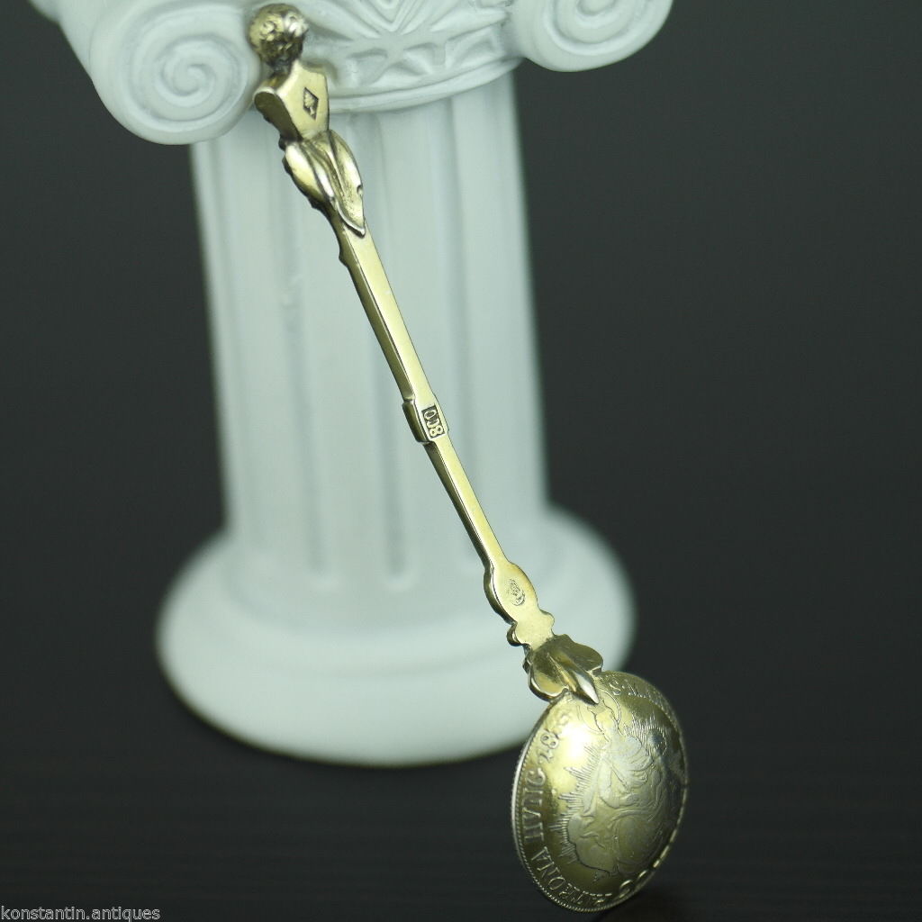 Antique 1835 gold plated solid silver 20 Kreuzer coin spoon Francis II Holy Roman Emperor 800 German