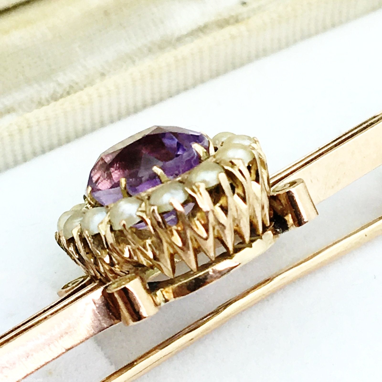 Antique Russian Empire 56 gold brooch with Amethyst and seed pearls cluster