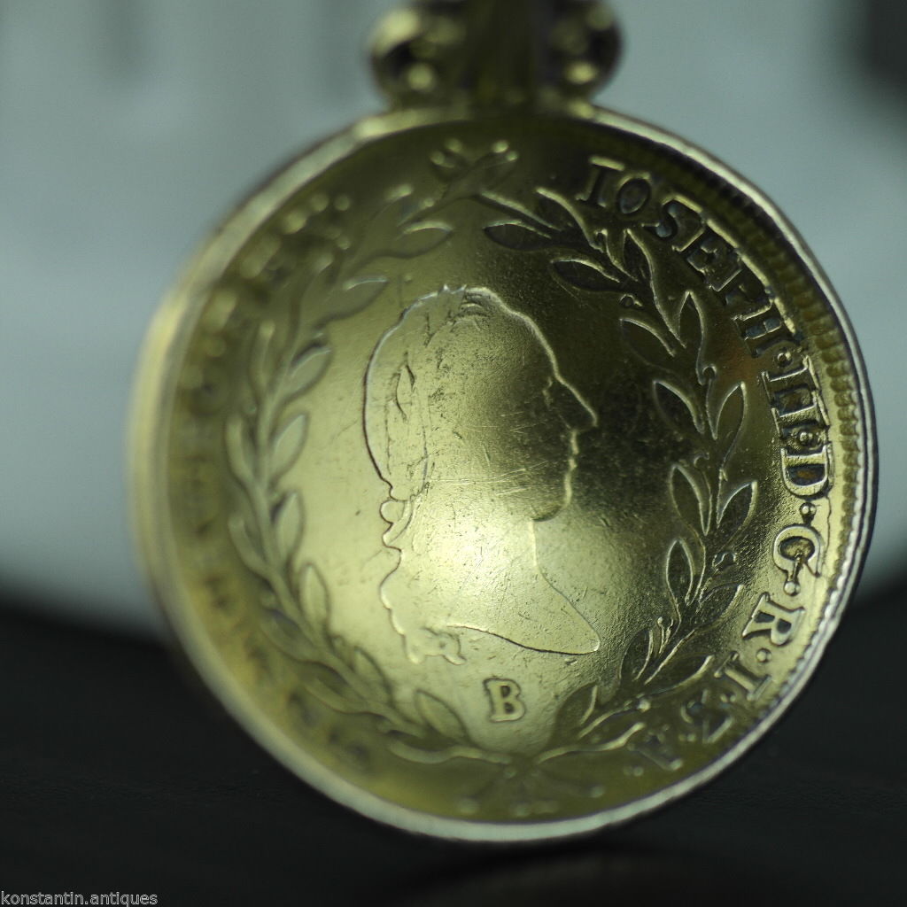 Antique 1787 gold plated solid silver 20 Kreuzer coin spoon IOSEPH Austrian Empire 800 German