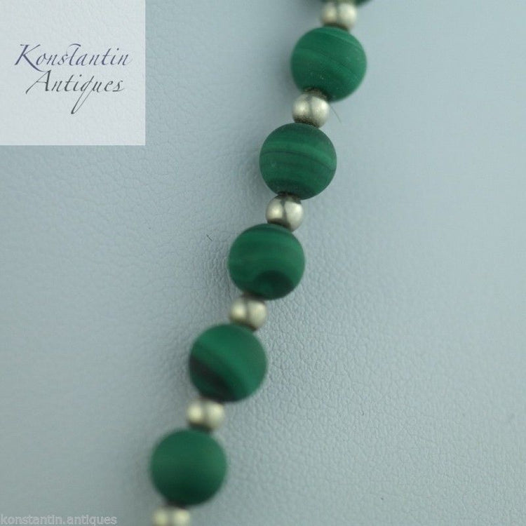 Antique malachite and sterling silver beads necklace