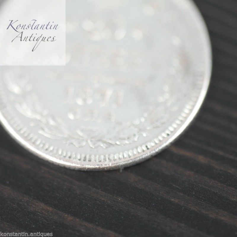 Antigua moneda de plata maciza de 1871 20 kopeks Emperador Alejandro II del Imperio Ruso siglo XIX
