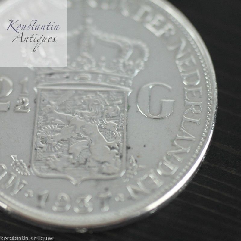 Vintage 1937 silver coin 2.5 Gulden Queen Wilhelmina of the Netherlands 20thC