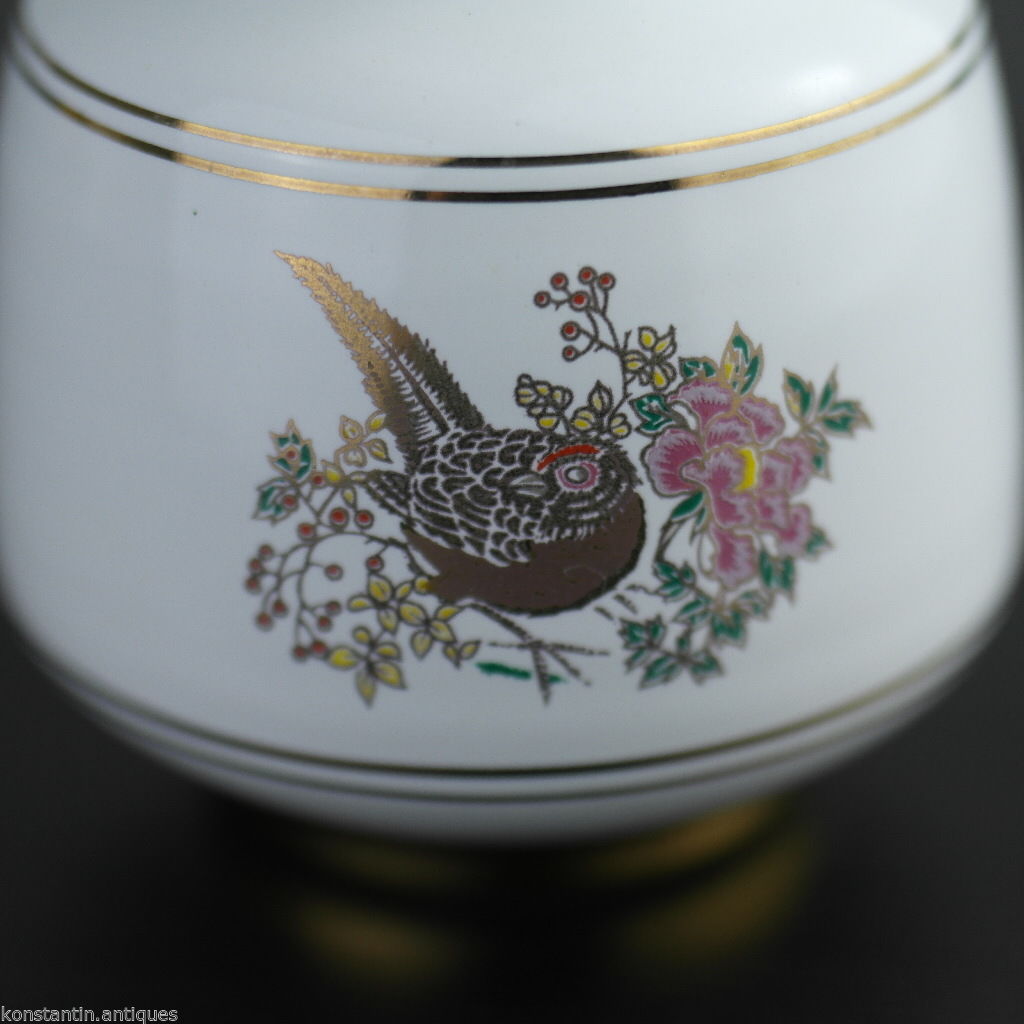Vintage griego 24ct oro plateado jarra de jarrón de cerámica blanca Faisán en arbustos en flor