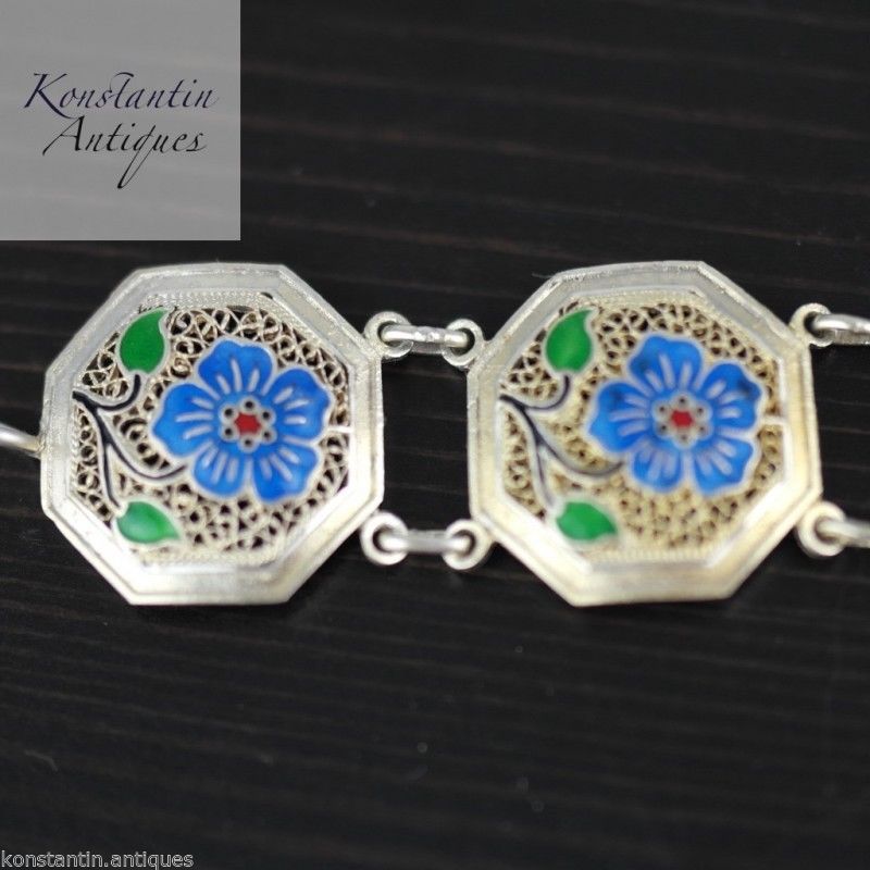 Vintage Portugal Emaille Blumen vergoldetes Armband aus massivem Silber 