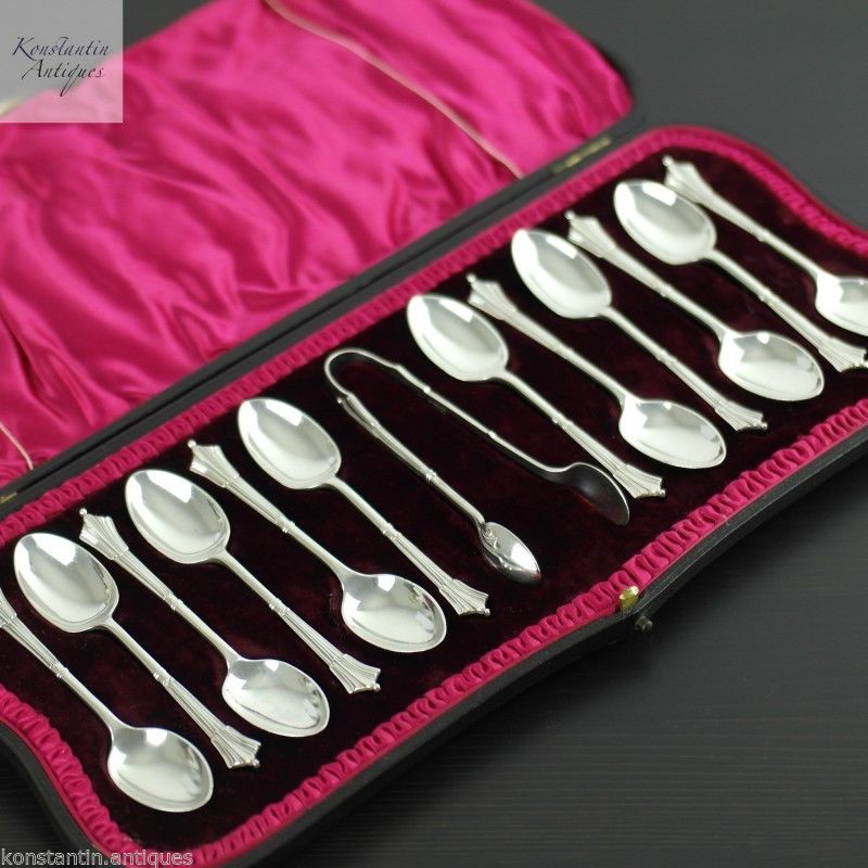 Cucharas de té antiguas de plata de ley de 1905 set 12+ pinzas Sheffield Atkin Brothers